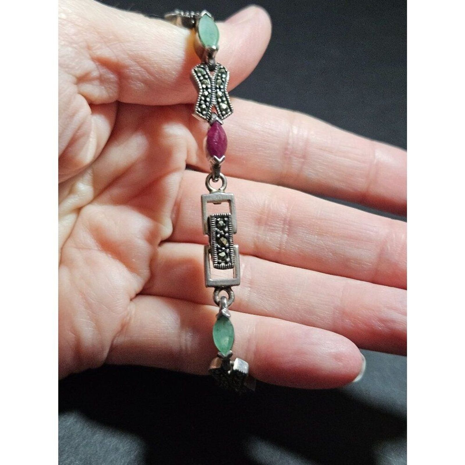 Vintage Sterling Silver Ruby Emerald Sapphire And Marcasite Bracelet 7.5"